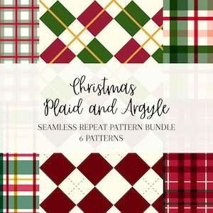 Puede incluir: Un paquete digital de seis patrones de repetición sin costuras con diseños de cuadros escoceses y argyle navideños en rojo, verde, blanco y dorado. El texto dice: Christmas Plaid and Argyle SEAMLESS REPEAT PATTERN BUNDLE 6 PATTERNS.