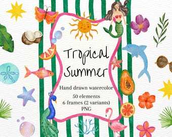 Handgezeichnetes Tropisches Clipart, Sommer Vibes PNG, Wunderliches Aquarell, Bunte Sommer Symbole