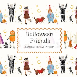 May include: A seamless repeat pattern featuring watercolour illustrations of Halloween characters including skeletons, children in costumes, pumpkins, black cats, and dogs, with the text Halloween Friends SEAMLESS REPEAT PATTERN in the centre.