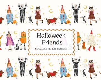 Kinder Halloween Nahtloses Muster, Süßes oder Saures Kostüm-Wiederholungsdesign, wunderlicher Halloween-Hintergrund