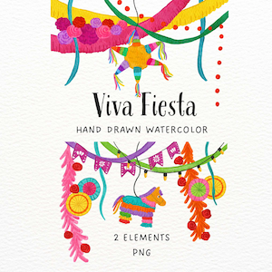 May include: A digital illustration featuring hand-drawn watercolour elements with the text Viva Fiesta, Hand Drawn Watercolour, 2 Elements, PNG. The design includes a star-shaped piñata, a horse-shaped piñata, colourful streamers, paper flowers, and string lights.