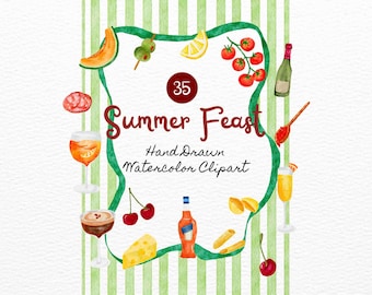 Hand Drawn Italian Summer Feast Illustrations, Food and Drink Clipart, Watercolor Italian Dinner Party