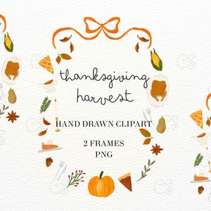 May include: A digital illustration featuring two oval frames composed of hand-drawn Thanksgiving elements including pumpkins, roasted turkeys, pie slices, corn, pears, and autumn leaves, with the text "thanksgiving harvest HAND DRAWN CLIPART 2 FRAMES PNG".