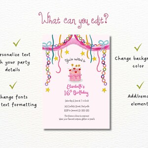 K&ouml;nnte beinhalten: Eine rosa Geburtstagseinladung mit einer Kuchenillustration und dem Text "Elizabeth's 16th Birthday". Das Design umfasst dekorative Girlanden und Sterne. Die Einladung enth&auml;lt Details wie Datum, Uhrzeit und RSVP-Informationen.
