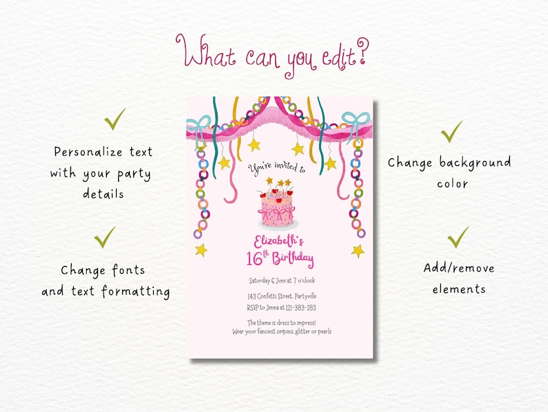 K&ouml;nnte beinhalten: Eine rosa Geburtstagseinladung mit einer Kuchenillustration und dem Text "Elizabeth's 16th Birthday". Das Design umfasst dekorative Girlanden und Sterne. Die Einladung enth&auml;lt Details wie Datum, Uhrzeit und RSVP-Informationen.