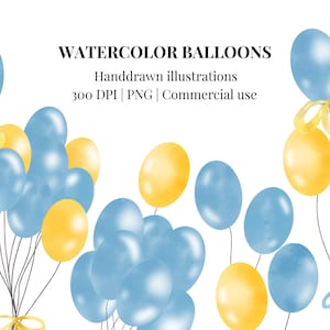 Watercolor Balloons Clipart, Yellow and Blue Balloons, Hand drawn PNG, Party Balloon Arch, Digital Download, Free Commercial Use