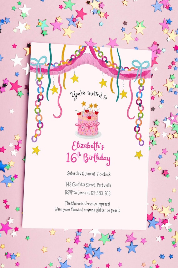 Pink Fancy Birthday Invitation, Whimsical Watercolor Invite, Teen Girl Party, Editable Template