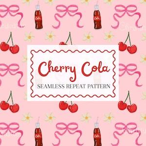 May include: A seamless repeat pattern on a light pink background featuring illustrations of brown cola bottles with striped straws, pink ribbons, red cherries, and small white flowers. A central white rectangular label reads Cherry Cola.
