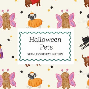 May include: A seamless repeat pattern featuring watercolor illustrations of pets in Halloween costumes, including dogs as butterflies, pumpkins, and devils, and a cat as a wizard. The text reads Halloween Pets SEAMLESS REPEAT PATTERN.