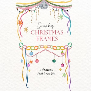 May include: Watercolour illustration of two Christmas frames with colourful ribbons, stars, and baubles. The text "Quirky Christmas Frames" is displayed above the frames. The image also includes the text "2 frames PNG | 300 DPI".