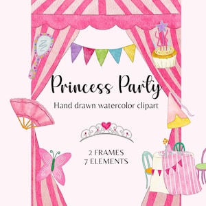 Può includere: Clipart ad acquerello con tenda a righe rosa e bianche con decorazioni per feste. Include tiara, cupcake, ventaglio, farfalla e mise en place. Il testo recita "Princess Party" e "Hand drawn watercolor clipart."