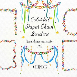 Puede incluir: Ilustraciones en acuarela de bordes de cadenas de papel coloridas en varias formas, incluyendo rectángulos, óvalos y guirnaldas. Los diseños presentan colores vibrantes del arcoíris, estrellas y cintas. El texto dice "Colorful Paper Chain Borders" y "6 Elements".