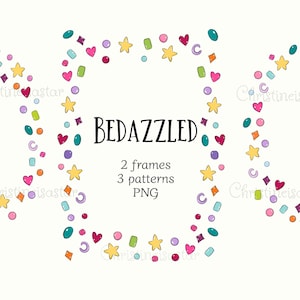 May include: A digital graphic set titled BEDAZZLED featuring two circular frames and one rectangular frame composed of colorful hand-drawn shapes including yellow stars, pink hearts, purple circles, teal ovals, and orange diamonds on a white background.
