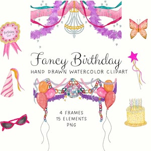 Hand Drawn Fancy Birthday Watercolor Clipart Bundle, Glam Party Frames for Invitations