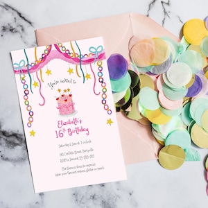 An invitation for a 16th birthday party with doodle style illustration of whimsical decorations including a paper chain, colorful streamers, fringe, gold stars. The background shows an envelope with confetti.