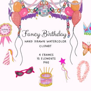 Puede incluir: Una colección de imágenes prediseñadas de cumpleaños dibujadas a mano en acuarela que incluye una bola de discoteca, globos, serpentinas, una insignia, una corona, una mariposa, un gorro, gafas rosas, un pastel, una varita y un collar de flores.