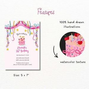 K&ouml;nnte beinhalten: Eine rosa Einladung zum 16. Geburtstag mit einer Aquarellillustration eines Kuchens, Sternen und dekorativen Girlanden. Die Einladung ist 12,7 x 17,8 cm gro&szlig; und enth&auml;lt Eventdetails. Das Design zeigt 100 % handgezeichnete Illustrationen.