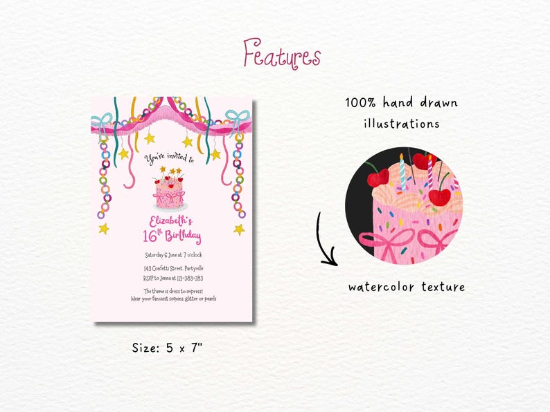 K&ouml;nnte beinhalten: Eine rosa Einladung zum 16. Geburtstag mit einer Aquarellillustration eines Kuchens, Sternen und dekorativen Girlanden. Die Einladung ist 12,7 x 17,8 cm gro&szlig; und enth&auml;lt Eventdetails. Das Design zeigt 100 % handgezeichnete Illustrationen.
