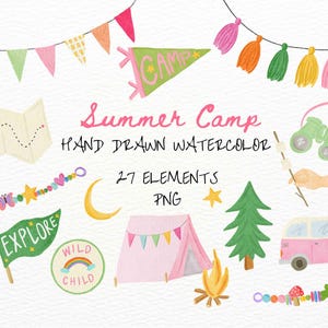 Handritad sommarläger Clipart, akvarell flicka camping, utomhus illustration