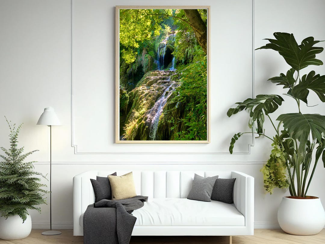 Waterfall Forest Print – Lush Green Nature Wall Art, Serene Landscape ...