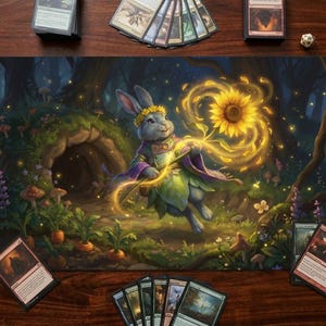 May include: A gaming playmat featuring a whimsical illustration of a rabbit in a forest setting. The rabbit is holding a glowing sunflower. The mat is surrounded by playing cards and dice, with a dark forest background.