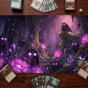 May include: A playmat featuring a fantasy scene with glowing purple flora and fauna. The artwork depicts a cave with large, glowing purple flowers and insect-like creatures with glowing eyes. Cards and dice surround the mat.