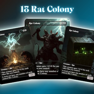 May include: Three fantasy-themed trading cards with the text "18 Rat Colony" at the top. The cards feature illustrations of rats, a monstrous figure, and a glowing chest. Each card has the text "Rat Colony" at the top.