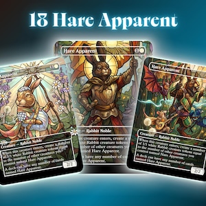 Peut inclure: Trois cartes de jeu de fantasy art avec des personnages de lapins. Les cartes présentent le texte "18 Hare Apparent" et "Hare Apparent". Chaque carte présente une illustration de lapin différente, dont un archer lapin, un chevalier lapin et un guerrier lapin.