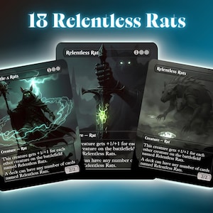 May include: Three fantasy trading cards with the text "Relentless Rats." The cards feature illustrations of a rat, a cloaked figure with a staff, and a figure holding a glowing sword. The text "18 Relentless Rats" is at the top. Metric measurements.