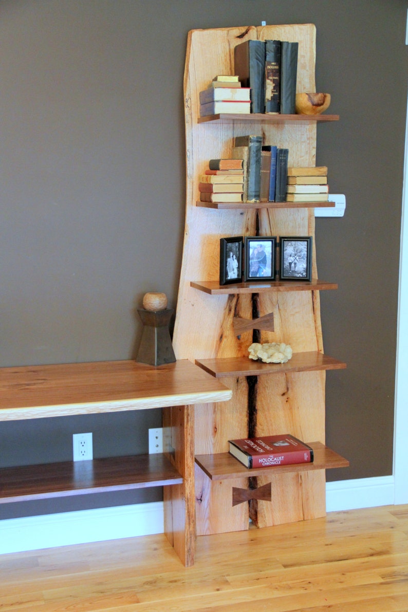 Rustic Live Edge Oak Slab Bookcase / Built in Desk Etsy