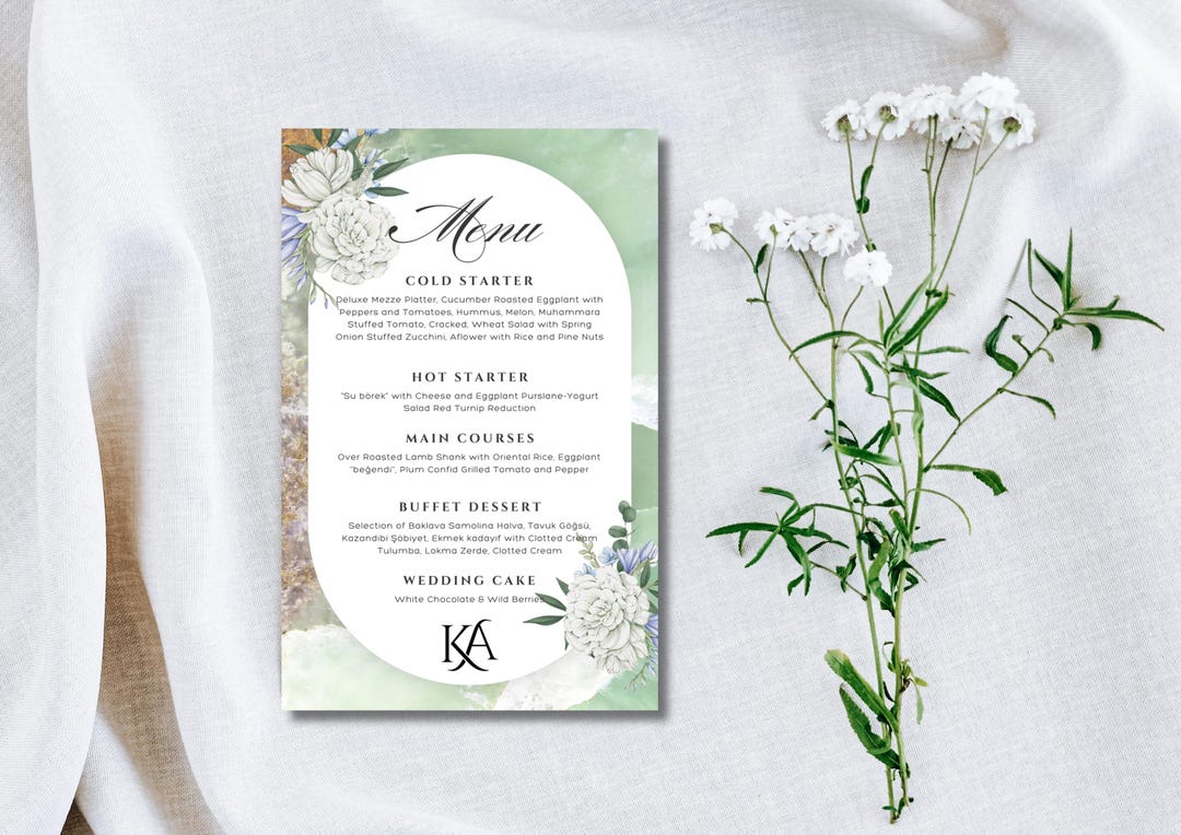 Editable Wedding Menu & Place Card Canva Template | Green Marble Floral ...