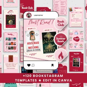 May include: Pink and red Bookstagram templates with book covers, stickers, and text. The templates include the text "Must Read!", "The Housemaid is Watching", and "Verity". The image also includes the text "+120 Bookstagram Templates Edit in Canva".