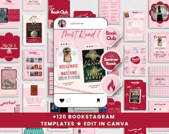 May include: Pink and red Bookstagram templates with book covers, stickers, and text. The templates include the text "Must Read!", "The Housemaid is Watching", and "Verity". The image also includes the text "+120 Bookstagram Templates Edit in Canva".
