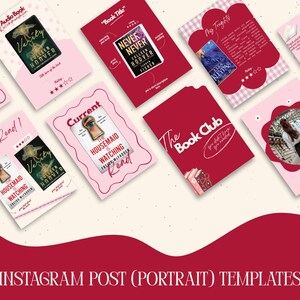 May include: A collection of Instagram post templates in shades of pink and red. The templates feature book covers, text, and graphics. The text includes phrases like "Must Read!" and "The Book Club."