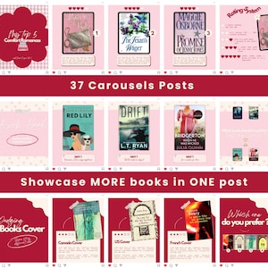 May include: A carousel post featuring book covers and text. The covers include "The Texan's Wager", "Red Lily", and "Drift". Text includes "My Top 5 Comfort Romances" and "Showcase MORE books in ONE post".