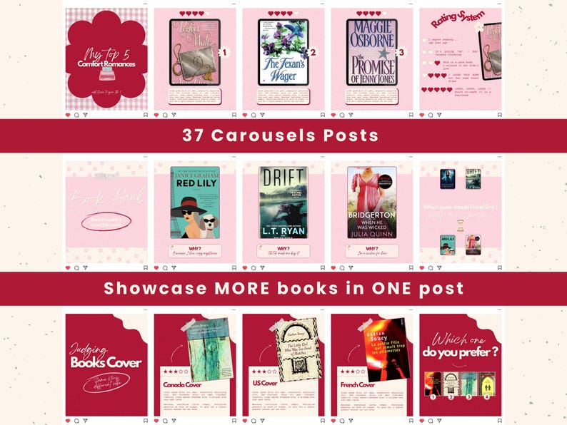 May include: A carousel post featuring book covers and text. The covers include "The Texan's Wager", "Red Lily", and "Drift". Text includes "My Top 5 Comfort Romances" and "Showcase MORE books in ONE post".