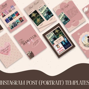 May include: A collection of pink Instagram post templates with book-themed designs. The templates feature book covers, text like "Must Read!" and "The Book Club," and the text "Instagram Post (Portrait) Templates" at the bottom.