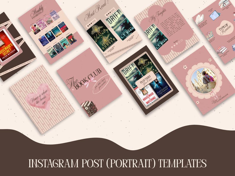 May include: A collection of pink Instagram post templates with book-themed designs. The templates feature book covers, text like "Must Read!" and "The Book Club," and the text "Instagram Post (Portrait) Templates" at the bottom.
