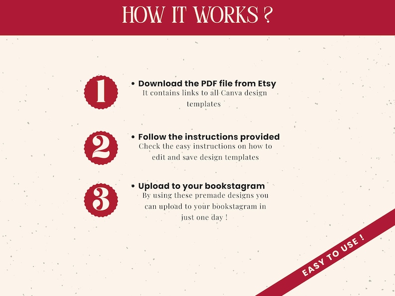May include: An infographic with the title "HOW IT WORKS?" in a burgundy banner. It details the steps to download a PDF from Etsy, follow instructions, and upload to bookstagram. The text is in black on a cream background.