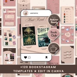 May include: A collection of bookstagram templates in shades of pink and brown, featuring book covers, stickers, and the text "Must Read!" and "Book Club." The templates are designed to be edited in Canva.