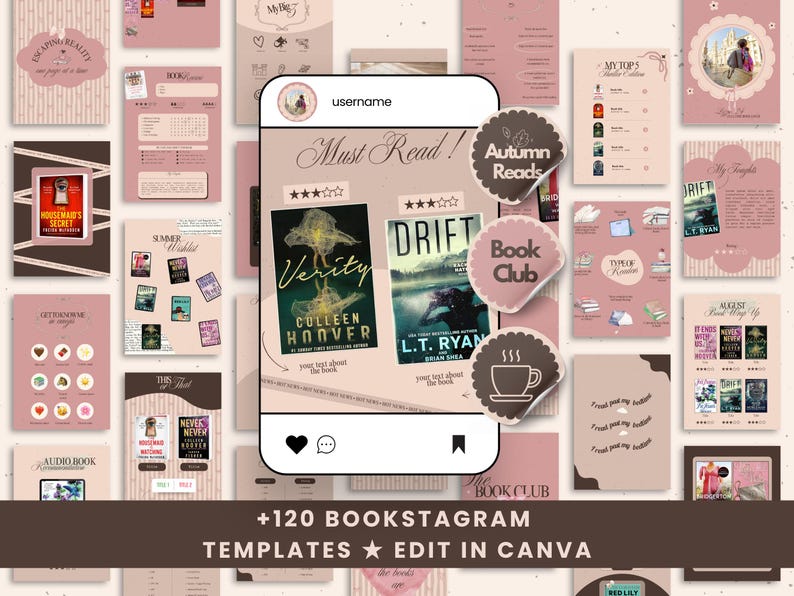 May include: A collection of bookstagram templates in shades of pink and brown, featuring book covers, stickers, and the text "Must Read!" and "Book Club." The templates are designed to be edited in Canva.