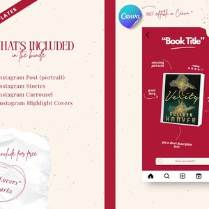 May include: A digital template bundle with 123 templates for Instagram, including posts, stories, carousels, and highlight covers. The image also features a mock-up of an Instagram post promoting the book "Verity" by Colleen Hoover, and includes four "BookLovers" bookmarks.