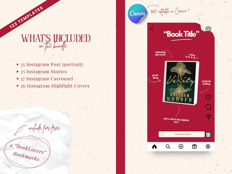 May include: A digital template bundle with 123 templates for Instagram, including posts, stories, carousels, and highlight covers. The image also features a mock-up of an Instagram post promoting the book "Verity" by Colleen Hoover, and includes four "BookLovers" bookmarks.