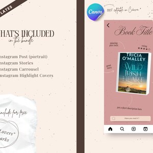May include: A digital template bundle with 123 templates, including Instagram posts, stories, carousels, and highlight covers. The image also features a mock-up of an Instagram post with a book cover that says "Wild Irish Heart". Includes free "BookLovers" bookmarks.