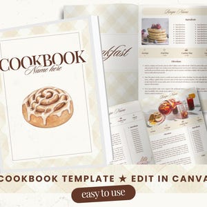 Könnte beinhalten: Eine Kochbuchvorlage mit einer Aquarellillustration einer Zimtschnecke auf dem Cover. Der Titel des Kochbuchs lautet "COOKBOOK Name here". Der Text "COOKBOOK TEMPLATE EDIT IN CANVA easy to use" befindet sich unten.