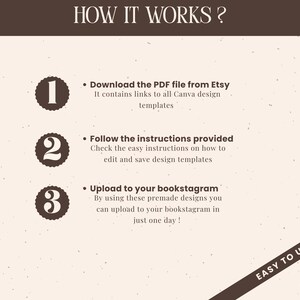 May include: A graphic with the text "HOW IT WORKS?" and numbered steps. The steps explain how to download a PDF from Etsy, follow instructions, and upload to bookstagram. The graphic also includes the text "EASY TO USE!"
