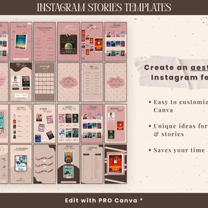 May include: A collection of Instagram story templates in shades of pink and brown. The templates feature book covers, lists, and decorative elements. Text includes "INSTAGRAM STORIES TEMPLATES" and "Create an aesthetic Instagram feed!"