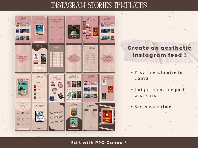 May include: A collection of Instagram story templates in shades of pink and brown. The templates feature book covers, lists, and decorative elements. Text includes "INSTAGRAM STORIES TEMPLATES" and "Create an aesthetic Instagram feed!"