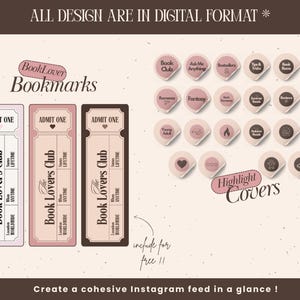 May include: Digital design elements for book lovers, including ticket-style bookmarks and Instagram highlight covers. The bookmarks feature the text "The Book Lovers Club" and "Admit One". Highlight covers include various book-related icons and text.