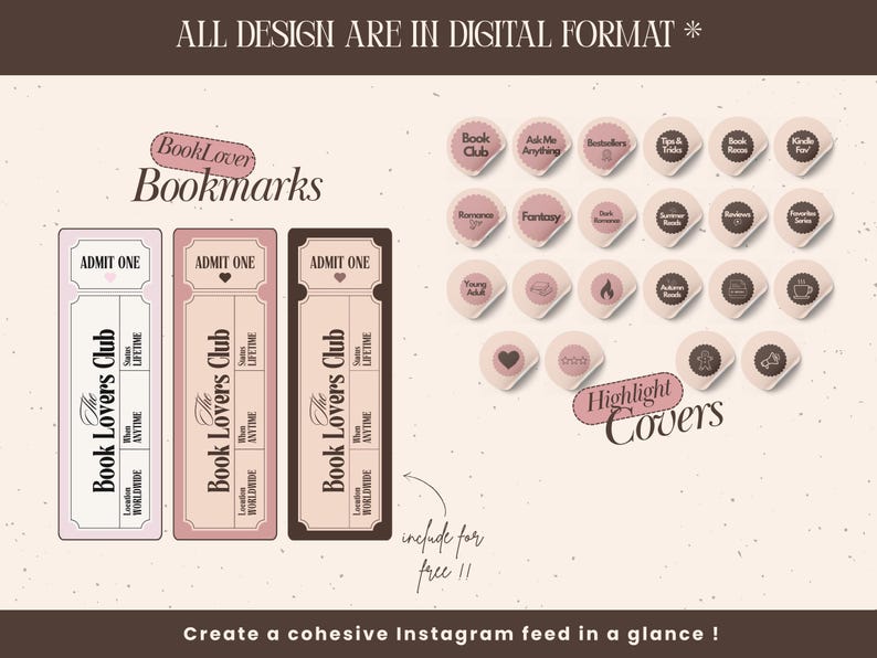 May include: Digital design elements for book lovers, including ticket-style bookmarks and Instagram highlight covers. The bookmarks feature the text "The Book Lovers Club" and "Admit One". Highlight covers include various book-related icons and text.